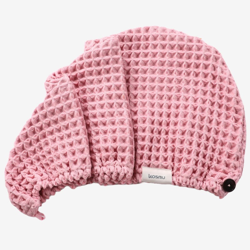 KOSMU 100% Organic Cotton Hair Drying Waffle Towel Wrap for Women | Absorbent & Quick Dry Head Turban for Wet Hair in Shower Sauna Spa, Extra Large for Long Straight Curly Plopping Button (Pink, 1 PACK) - Image 2