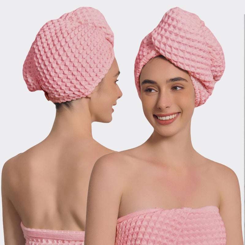 KOSMU 100% Organic Cotton Hair Drying Waffle Towel Wrap for Women | Absorbent & Quick Dry Head Turban for Wet Hair in Shower Sauna Spa, Extra Large for Long Straight Curly Plopping Button (Pink, 1 PACK) - Image 1