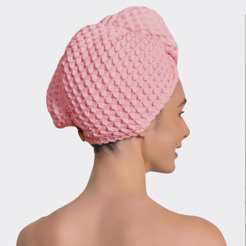 KOSMU 100% Organic Cotton Hair Drying Waffle Towel Wrap for Women | Absorbent & Quick Dry Head Turban for Wet Hair in Shower Sauna Spa, Extra Large for Long Straight Curly Plopping Button (Pink, 1 PACK) - Image 3