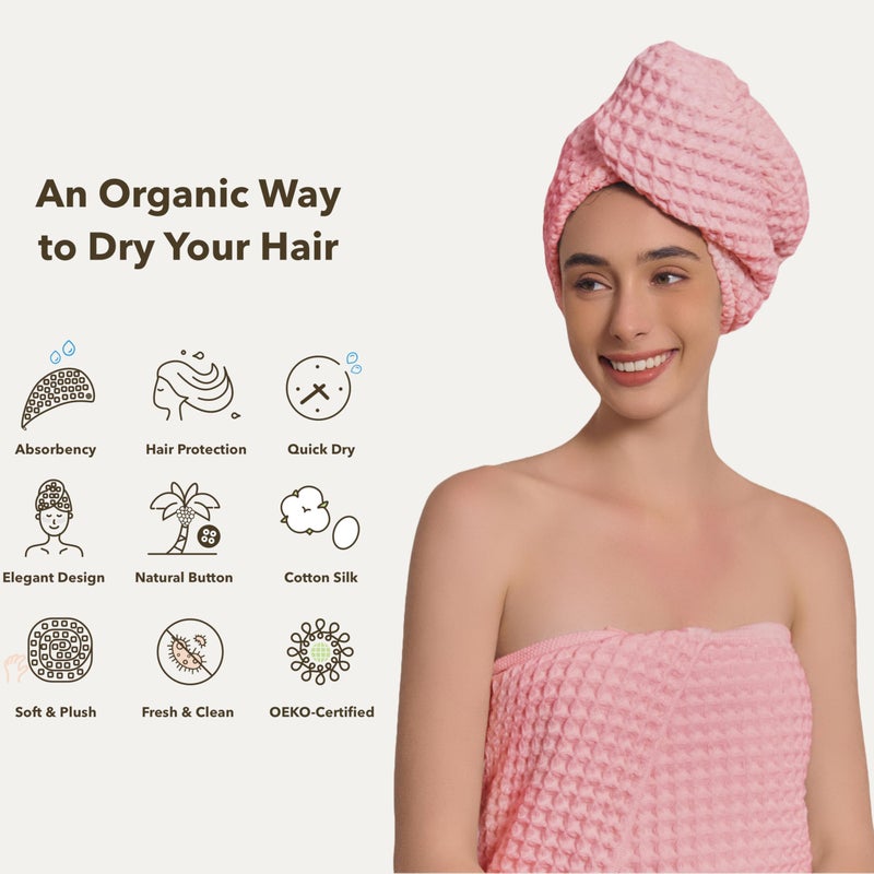 KOSMU 100% Organic Cotton Hair Drying Waffle Towel Wrap for Women | Absorbent & Quick Dry Head Turban for Wet Hair in Shower Sauna Spa, Extra Large for Long Straight Curly Plopping Button (Pink, 1 PACK) - Image 4