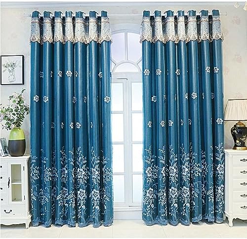 Amidoudou 1 Pair European Double Layer Curtains for Living Room Bedroom Luxury Flower Embroidered Curtains with Valance (Blue,52x96 Inch) - Image 2