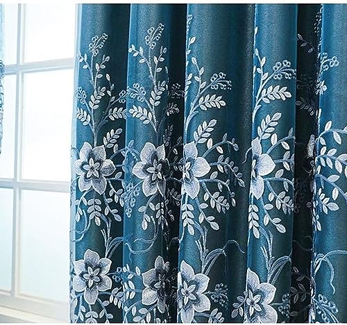 Amidoudou 1 Pair European Double Layer Curtains for Living Room Bedroom Luxury Flower Embroidered Curtains with Valance (Blue,52x96 Inch) - Image 3