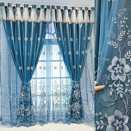 Amidoudou 1 Pair European Double Layer Curtains for Living Room Bedroom Luxury Flower Embroidered Curtains with Valance (Blue,52x96 Inch) - Image 5