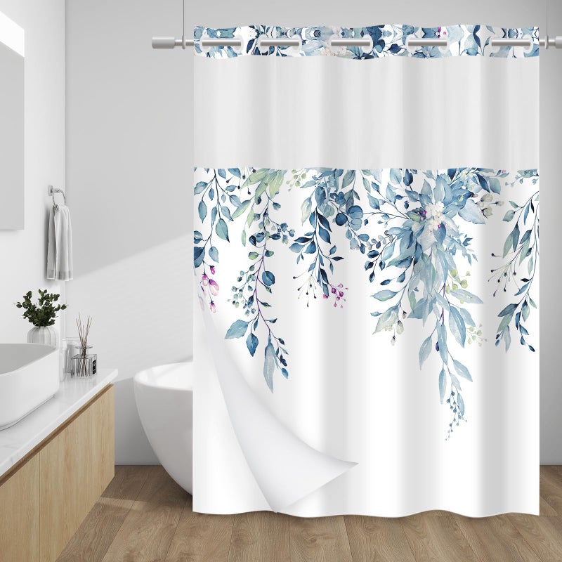 WITHLOC No Hook Shower Curtain with Snap in Liner  Eucalyptus Shower Curtain  Washable Waterproof Inner Liner Plants Blue Leaves Modern Shower Curtains  Machine Washable 71 x 74