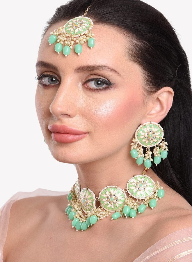 Efulgenz Indian Wedding Jewelry Traditional Faux Pearl Beads Red Crystal Choker Necklace Round Earrings with Maang Tikka Bridal Set Bollywood Jewelry for Women (White, Mint Color) - Image 3