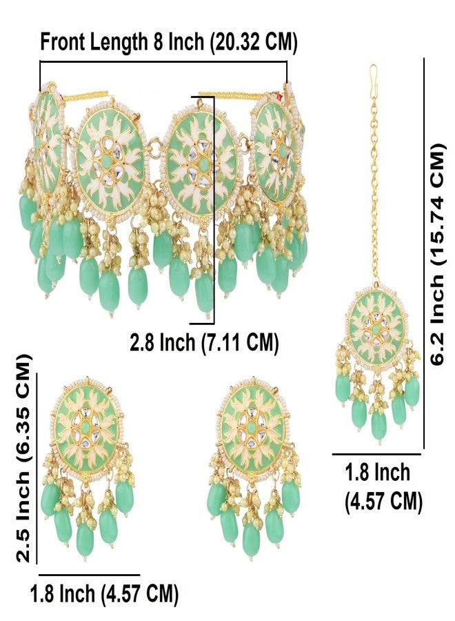 Efulgenz Indian Wedding Jewelry Traditional Faux Pearl Beads Red Crystal Choker Necklace Round Earrings with Maang Tikka Bridal Set Bollywood Jewelry for Women (White, Mint Color) - Image 4
