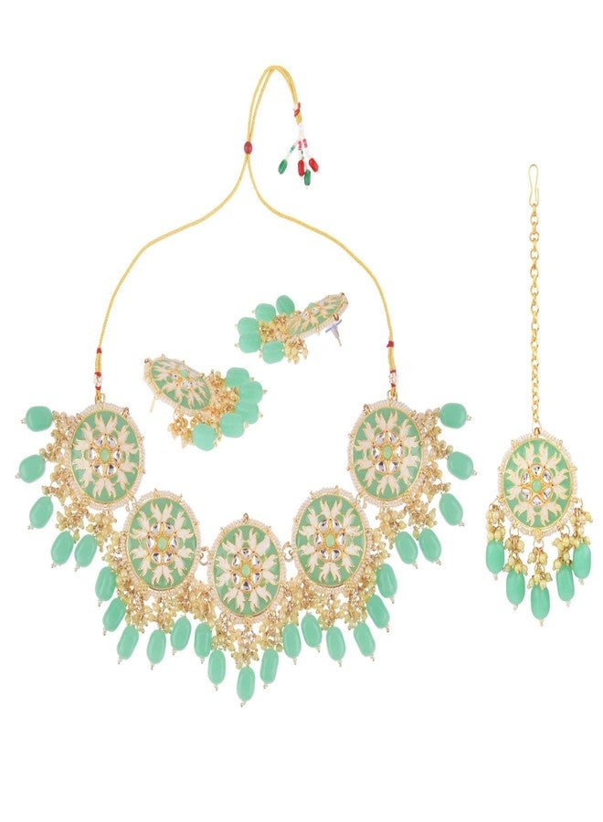 Efulgenz Indian Wedding Jewelry Traditional Faux Pearl Beads Red Crystal Choker Necklace Round Earrings with Maang Tikka Bridal Set Bollywood Jewelry for Women (White, Mint Color) - Image 5