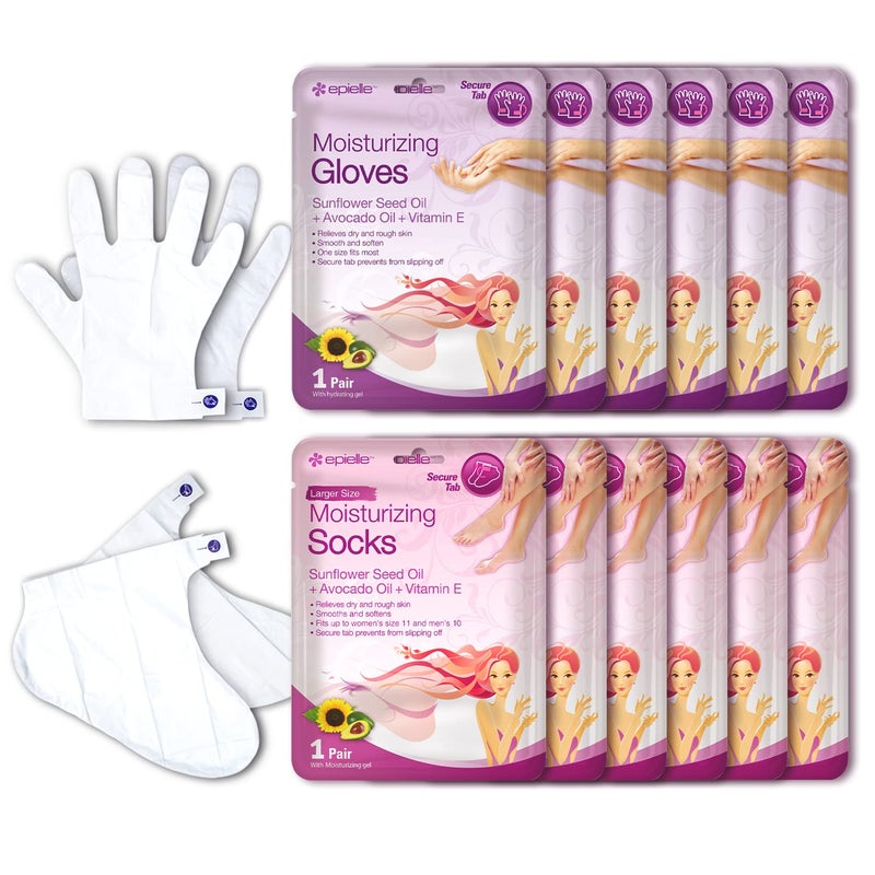Epielle Moisturizing Hand & Foot Masks, Soften Dry, Rough Skin with Sunflower Seed Oil & Vitamin E, Self Care Gifts for Women, Spa Kit, Stocking Stuffers, 6 Moisturizing Gloves & 6 Moisturizing Socks - Image 1