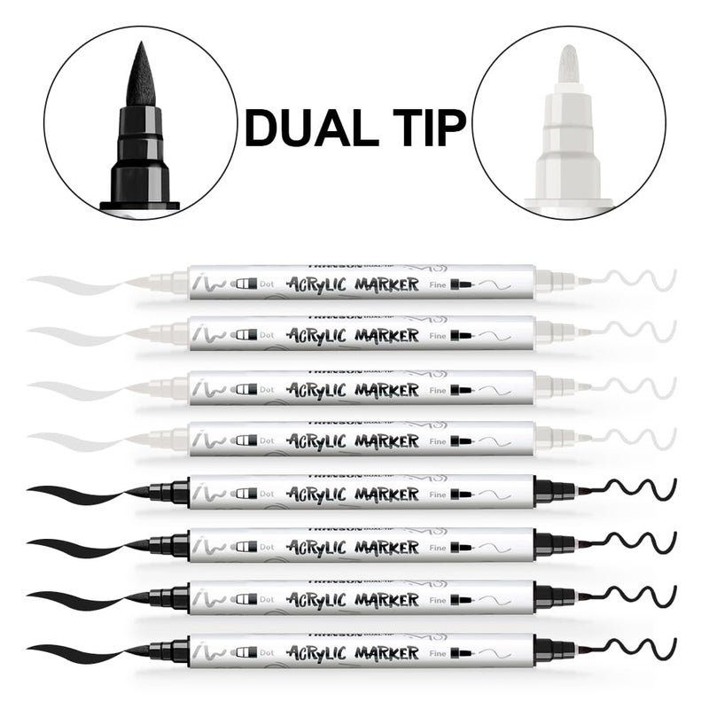 TRANSON 4 Black and 4 White Paint Markers Brush and Fine Dual-tip Acrylic Paint Marker Set for Rock Painting Glass Canvas Wood Leather Ceramic Painting - Image 4