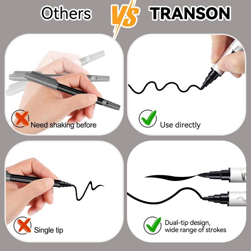 TRANSON 4 Black and 4 White Paint Markers Brush and Fine Dual-tip Acrylic Paint Marker Set for Rock Painting Glass Canvas Wood Leather Ceramic Painting - Image 5