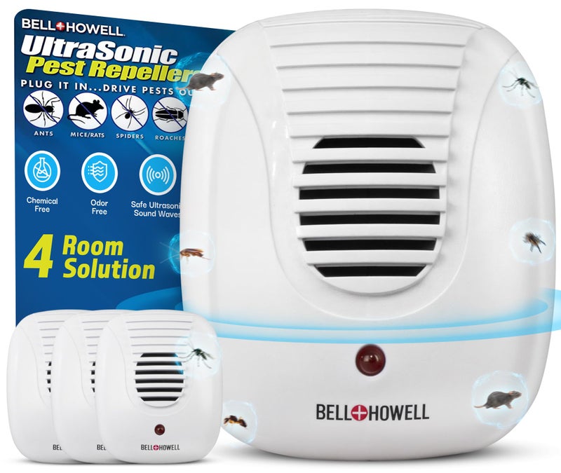 Bell Howell بيل + هاويل جهاز طارد للآفات بالموجات فوق الصوتية المحدث 2025 داخلي 4 عبوات، طارد للفئران مجموعة منزلية، تحكم في الآفات بنفسك في المنزل، طارد للعناكب يعمل بالكهرباء، طارد للجرذان، حشرات، آفات، آمن للعائلة والحيوانات الأليفة - Image 1