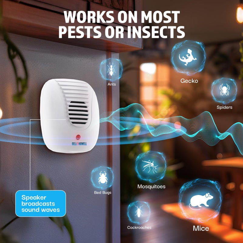 Bell Howell بيل + هاويل جهاز طارد للآفات بالموجات فوق الصوتية المحدث 2025 داخلي 4 عبوات، طارد للفئران مجموعة منزلية، تحكم في الآفات بنفسك في المنزل، طارد للعناكب يعمل بالكهرباء، طارد للجرذان، حشرات، آفات، آمن للعائلة والحيوانات الأليفة - Image 4