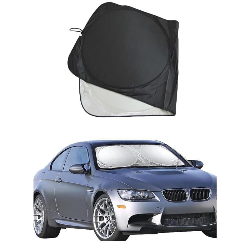 KaberMisr 2020 Car Windshield Sun Shade for Car Windshield UV Rays and Heat Protection Reflective Foldable Sunshade (Round Silver Face Black Face, 140 * 65 cm, Code:8482)