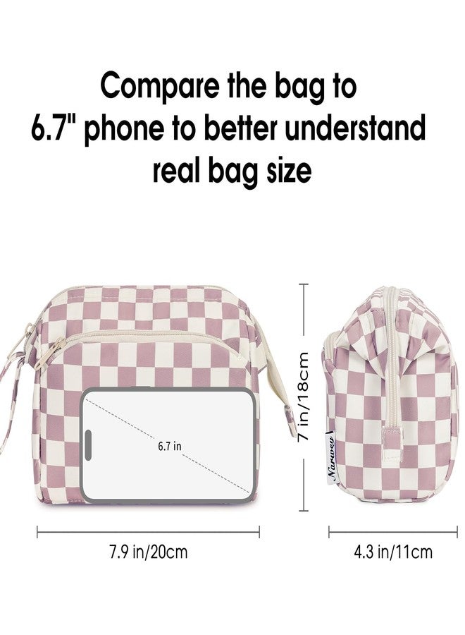 Narwey Checkered Makeup Bag Women Wide-open Make up Bag Travel Cosmetic Bag Organizer Toiletry Bag for Cosmetics Toiletries Accessories (Dusty Rose Checkerboard) - Image 4