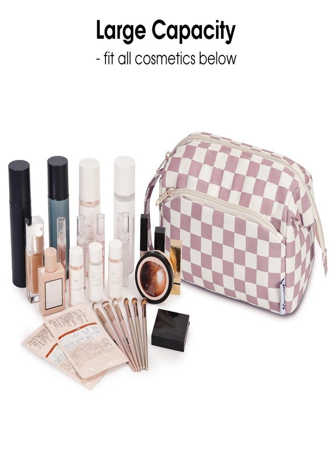 Narwey Checkered Makeup Bag Women Wide-open Make up Bag Travel Cosmetic Bag Organizer Toiletry Bag for Cosmetics Toiletries Accessories (Dusty Rose Checkerboard) - Image 3