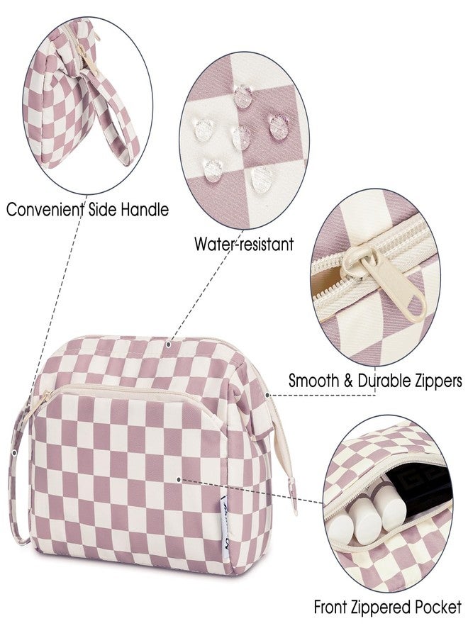 Narwey Checkered Makeup Bag Women Wide-open Make up Bag Travel Cosmetic Bag Organizer Toiletry Bag for Cosmetics Toiletries Accessories (Dusty Rose Checkerboard) - Image 5