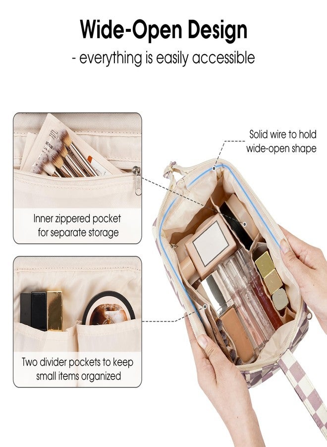 Narwey Checkered Makeup Bag Women Wide-open Make up Bag Travel Cosmetic Bag Organizer Toiletry Bag for Cosmetics Toiletries Accessories (Dusty Rose Checkerboard) - Image 2