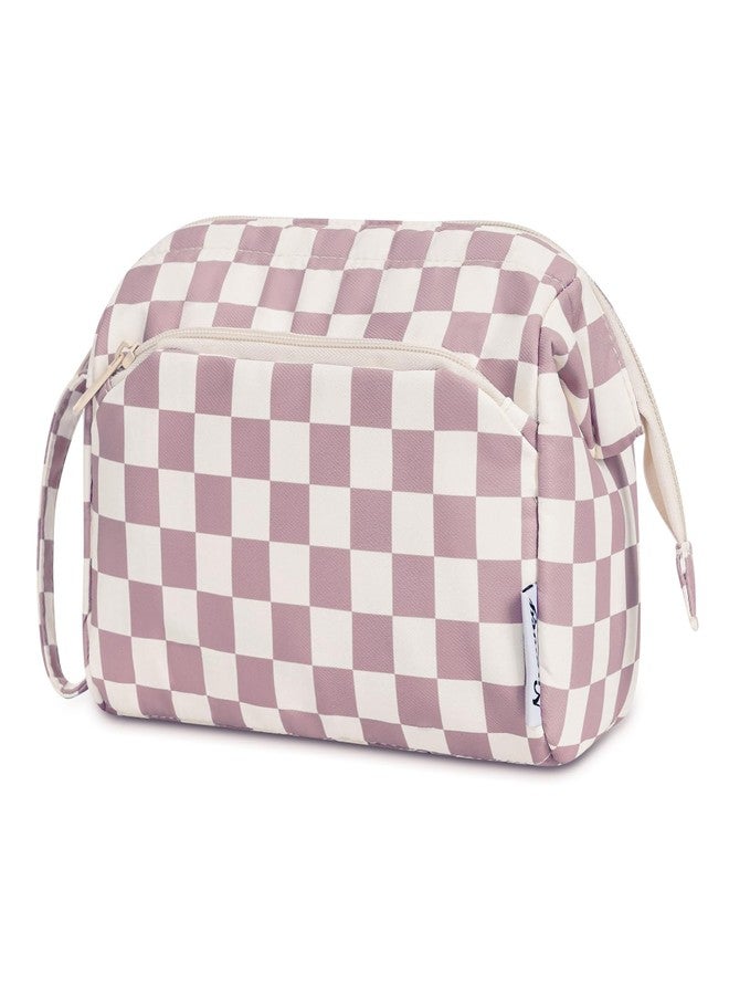 Narwey Checkered Makeup Bag Women Wide-open Make up Bag Travel Cosmetic Bag Organizer Toiletry Bag for Cosmetics Toiletries Accessories (Dusty Rose Checkerboard) - Image 1