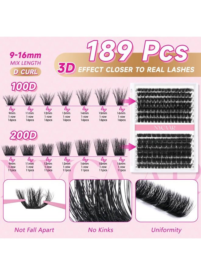 NYCAAR Lash Clusters 3D Effect Individual Lashes Kit NYCAAR 189pcs 100D200D D Curl 9-16MIX Eyelash Clusters Wispy Lashes Fluffy Cluster Lashes Kit with Lash Glue Remover Applicator Easy to Use for Beginners - Image 4