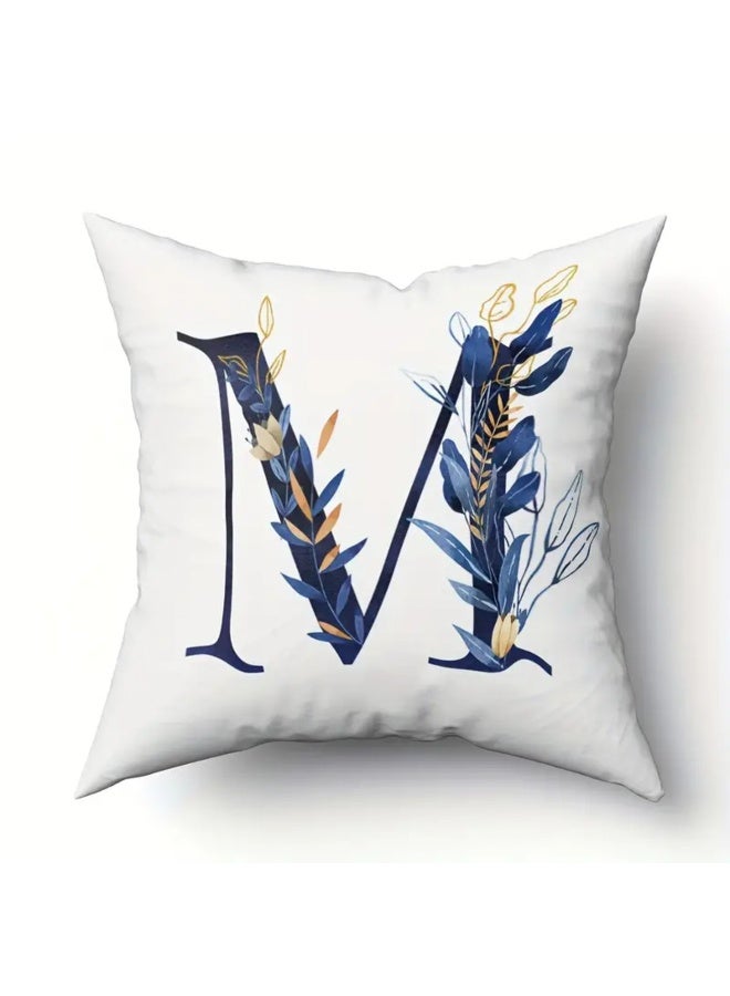 Blue Letter Pattern Square Throw Pillow Cover, Contemporary Style, Zipper Closure, Machine Washable Polyester, Decorative Cushion Case for Living Room Bedroom - Image 1