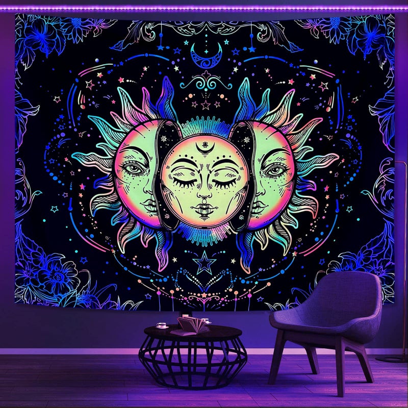 Lifeella Blacklight Sun and Moon Tapestry UV Reactive Burning Sun Tapestries Glow in Dark Aesthetic Mystic Wall Hanging Colorful Mutil 6080 150200cm