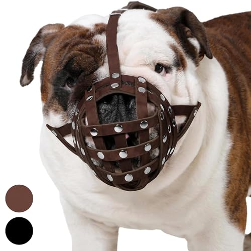 CollarDirect Leather Basket Dog Muzzle for Boxer, English American Bulldog Secure Anti-Barking Biting Chewing Adjustable Breathable (Brown) - Image 1