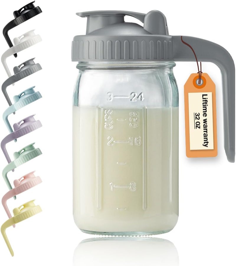 32oz Glass Pitcher with Lid & V-shaped Pour Spout - 1 Quart Breastmilk Pitcher Double Leak Proof, Creamer Container for Sun Tea, Juice, Cold Brew Coffee, Breastmilk Storage  Container - Image 1