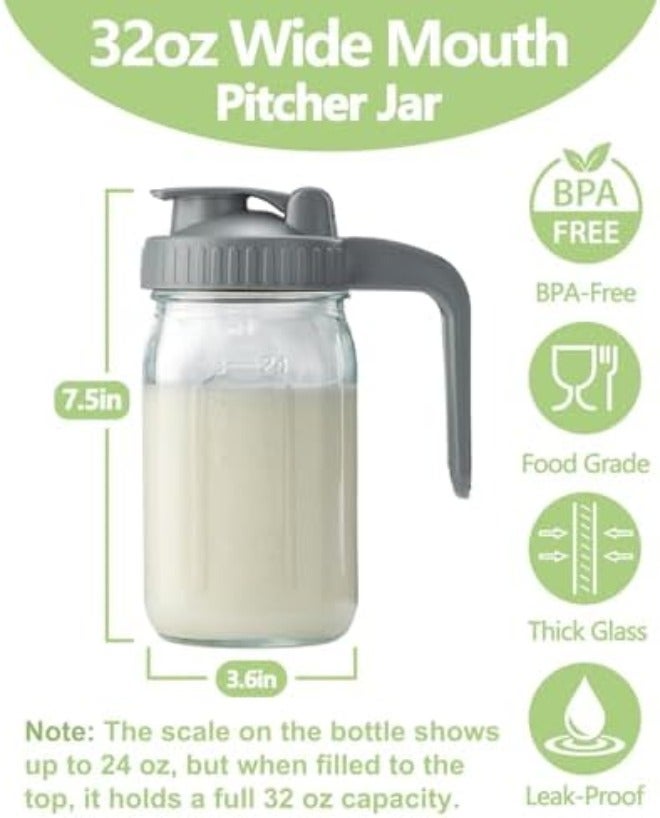 32oz Glass Pitcher with Lid & V-shaped Pour Spout - 1 Quart Breastmilk Pitcher Double Leak Proof, Creamer Container for Sun Tea, Juice, Cold Brew Coffee, Breastmilk Storage  Container - Image 3