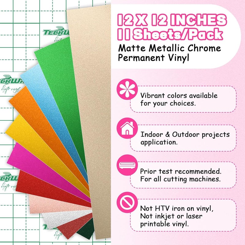 TECKWRAP Metallic Chrome Matte Adhesive Craft Vinyl Permanent Vinyl Sheets 12" x 12" 12 Assorted Colors for DIY Craft, Arts Work with Craft Cutters, Sign Plotters - Image 2