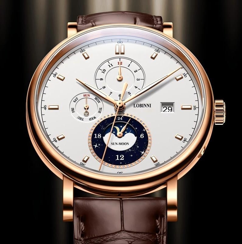 LOBINNI Exquisite Life Collection – Automatic Watch for Men with SUN-MOON Sky Phase Dial, Complete Weekday Display, and INTERLAKEN Swiss-Inspired Design – Ideal for Travelers and Professionals - Image 1