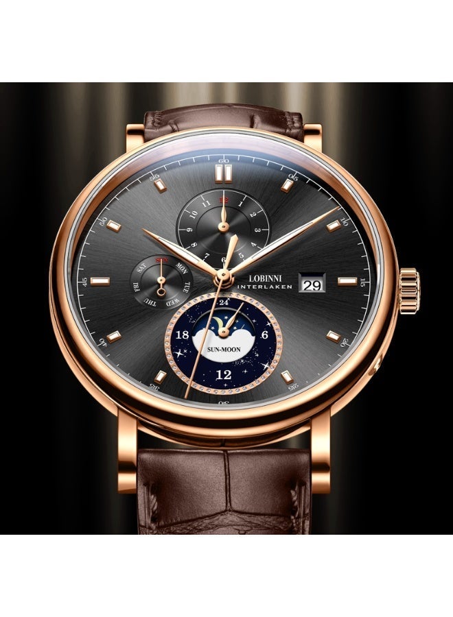 LOBINNI Exquisite Life Collection – Automatic Watch for Men with SUN-MOON Sky Phase Dial, Complete Weekday Display, and INTERLAKEN Swiss-Inspired Design – Ideal for Travelers and Professionals - Image 2