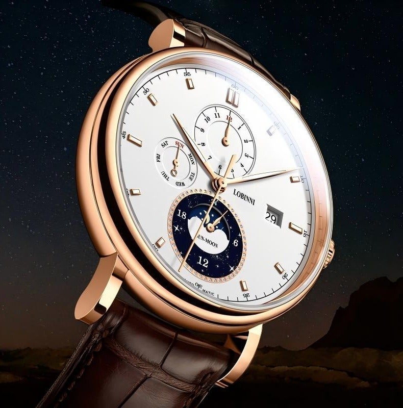 LOBINNI Exquisite Life Collection – Automatic Watch for Men with SUN-MOON Sky Phase Dial, Complete Weekday Display, and INTERLAKEN Swiss-Inspired Design – Ideal for Travelers and Professionals - Image 5