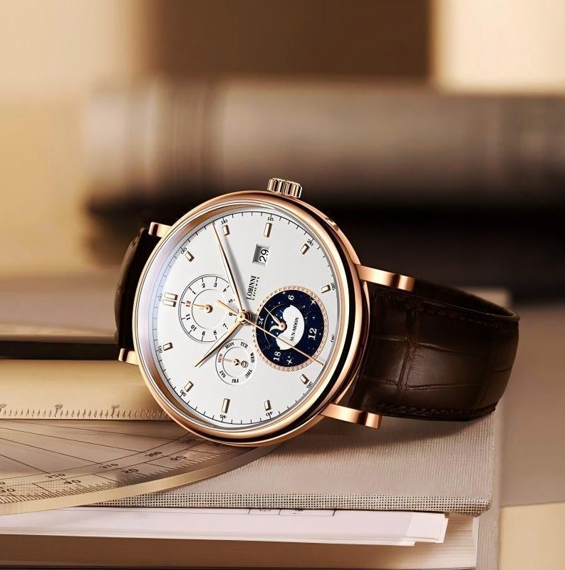 LOBINNI Exquisite Life Collection – Automatic Watch for Men with SUN-MOON Sky Phase Dial, Complete Weekday Display, and INTERLAKEN Swiss-Inspired Design – Ideal for Travelers and Professionals - Image 4