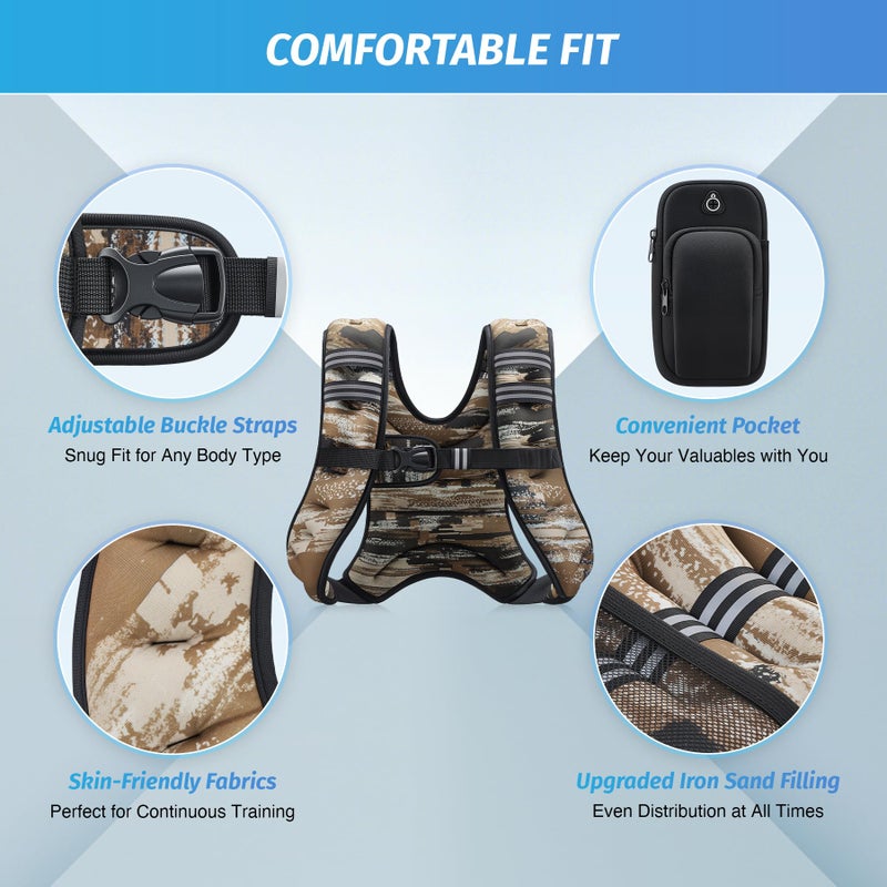 ZELUS Weighted Vest, 6lb/8lb/12lb/16lb/20lb/25lb/30lb Weight Vest for Men Women with Storage Pocket Reflective Strips for Strength Training Running Muscle Building, Brushstroke Sand Camo (12 lb) - Image 2