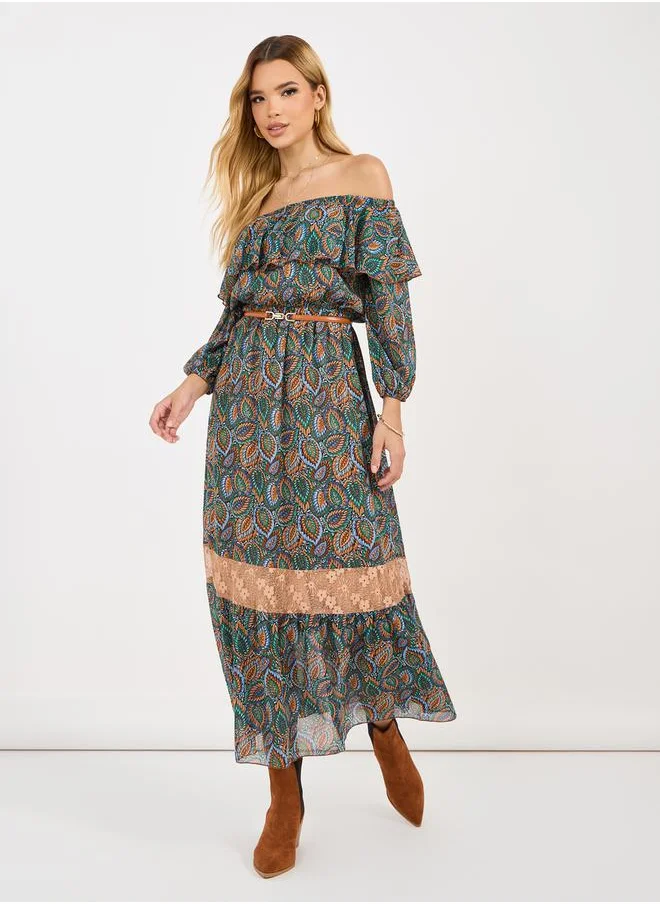 Styli All Over Print Off Shoulder A-Line Maxi Dress