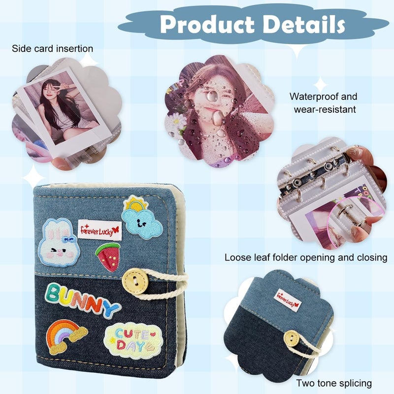 هاسذيب ألبوم صور جيب DIY من ® يتسع لـ 40 صورة، ألبوم صور باتشوورك أنيق مع ملصقات تطريز كرتونية، ألبوم جيب للأفلام المربعة الفورية، ألبوم بطاقات نجوم الكيبوب، ألبوم مجلد للبطاقات - Image 3