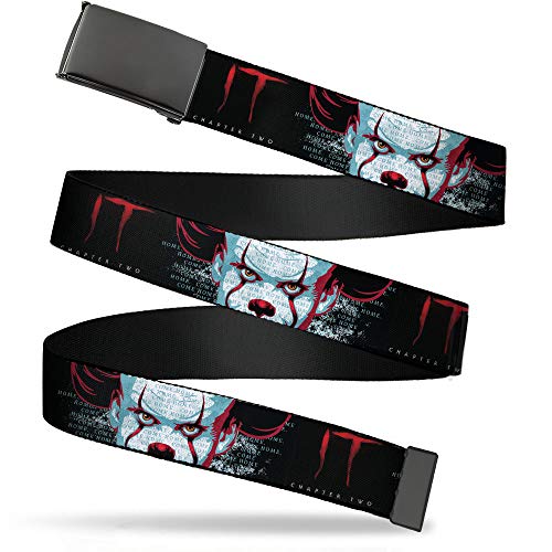 Buckle Down Belt Plain Clamp Buckle It Chapter Two Pennywise Face Close Up Black Red Blues 1.25 Inch Wide Fits up to Size 42 - Image 1