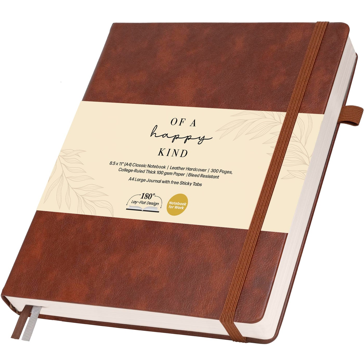 Of a Happy Kind Thick Lined Journal Notebook 8.5x11" with Big A4 Hardcover Leather - Brown - 300 Pages College Ruled Large with Sticky Tabs, Pockets, and Pen Loop for Writing and Journaling - Hardback