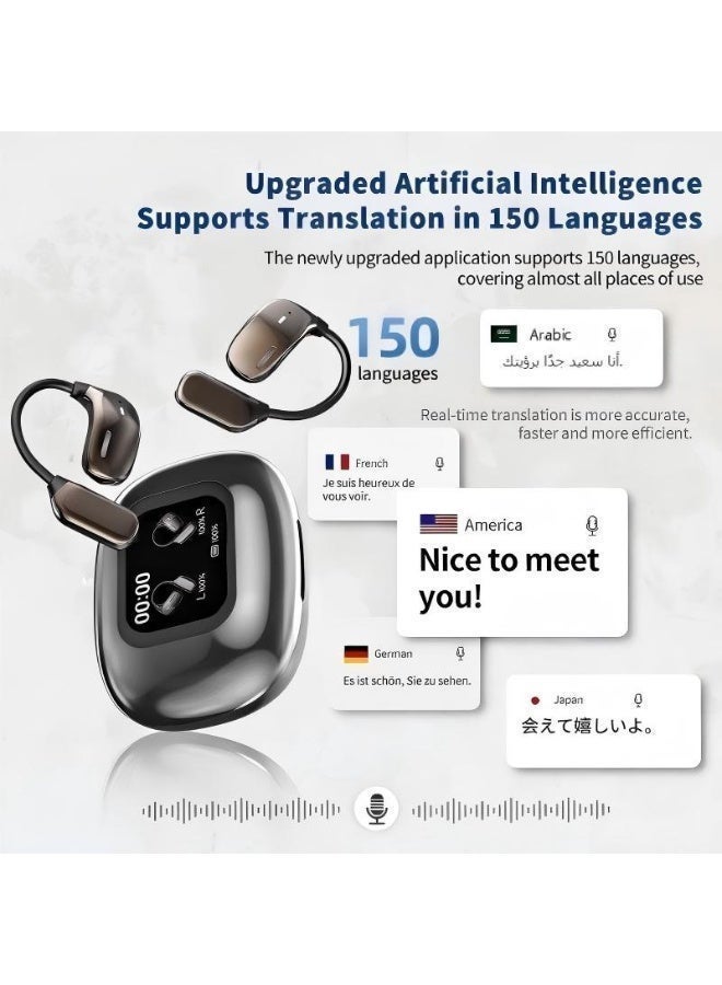 سماعات QIWA-JM16 اللاسلكية بتقنية بلوتوث هي سماعات مزودة بتقنية الذكاء الاصطناعي للترجمة الفورية للغات. تدعم هذه السماعات اللاسلكية 3 في 1 أكثر من 150 لغة ولهجة، وتتميز بتقنية بلوتوث 5.4، كما تتيح الترجمة عبر تطبيق مخصص. مناسبة للسفر، والأعمال، وتعمل على أنظمة iOS وأندرويد. - Image 4