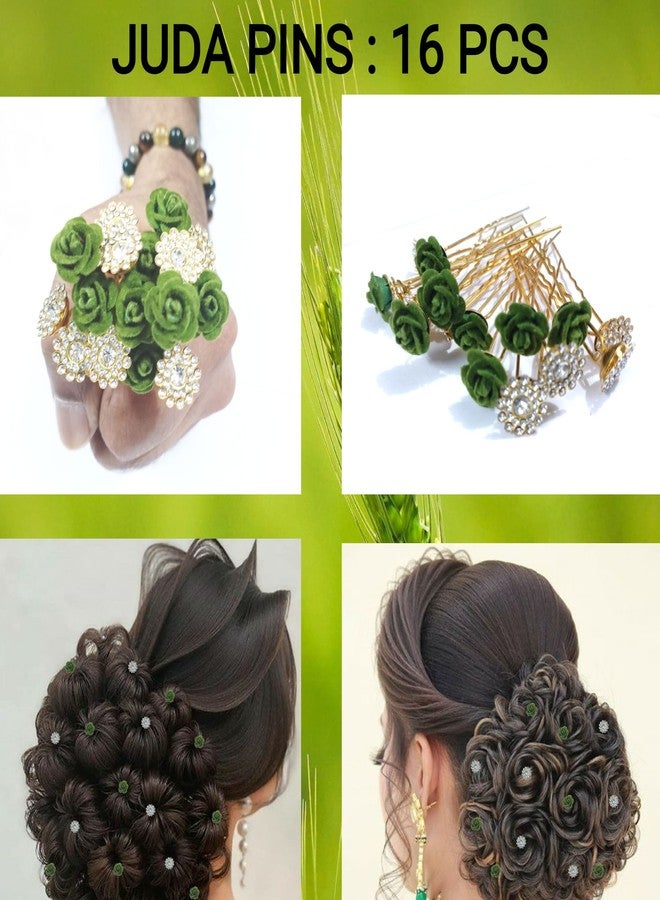 PRODUCTMINE مجموعة دبابيس شعر العروس من PRODUCTMINE® / دبابيس جودا ذهبية فاخرة مع وردة خضراء صناعية وأحجار الراين الشفافة للنساء والفتيات - مجموعة من 16 قطعة - Image 3