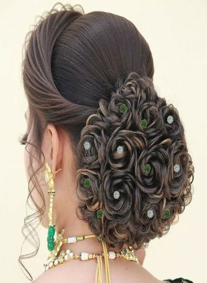 PRODUCTMINE مجموعة دبابيس شعر العروس من PRODUCTMINE® / دبابيس جودا ذهبية فاخرة مع وردة خضراء صناعية وأحجار الراين الشفافة للنساء والفتيات - مجموعة من 16 قطعة - Image 5