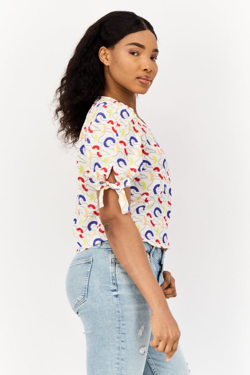 ONLY Women V Neck Short Sleeves Allover Print Blouse, Multicolor - Image 3