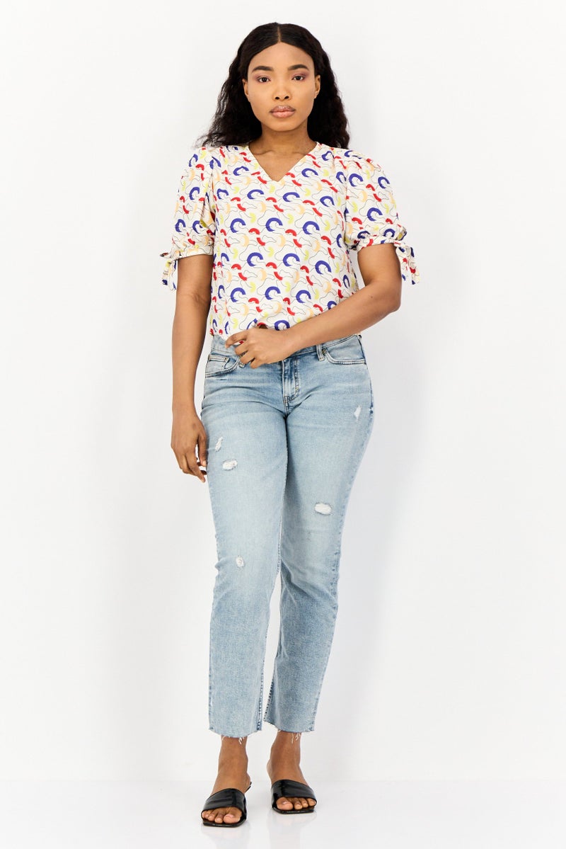 ONLY Women V Neck Short Sleeves Allover Print Blouse, Multicolor - Image 2