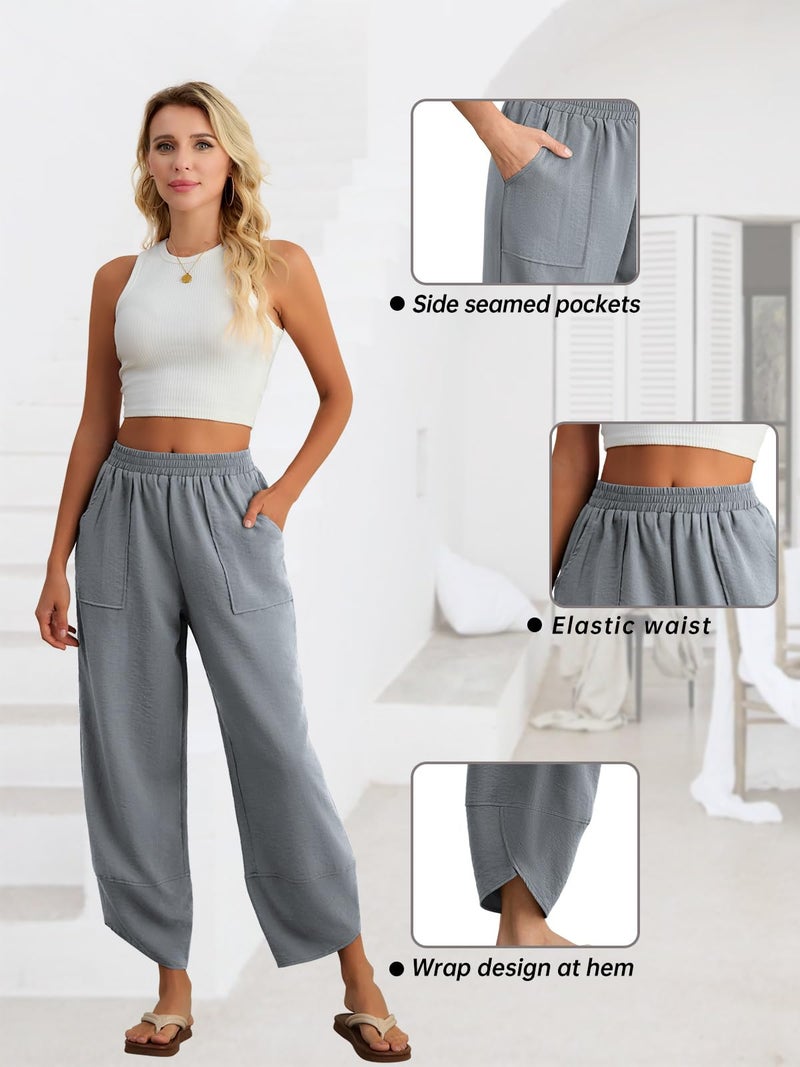 Feiersi Womens Baggy Wide Leg Pants Elastic Waisted Casual Palazzo Harem Pants Summer Beach Trousers(Blue Gray,Small) - Image 4