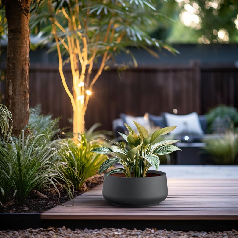 Kante 17.3" Dia Round Curvy Concrete Planter, Large Plant Pots with Drainage Hole for Indoor Outdoor Plants, Flower Pot for Home Garden Patio Porch, Black Finish with Painted Interior - Image 5