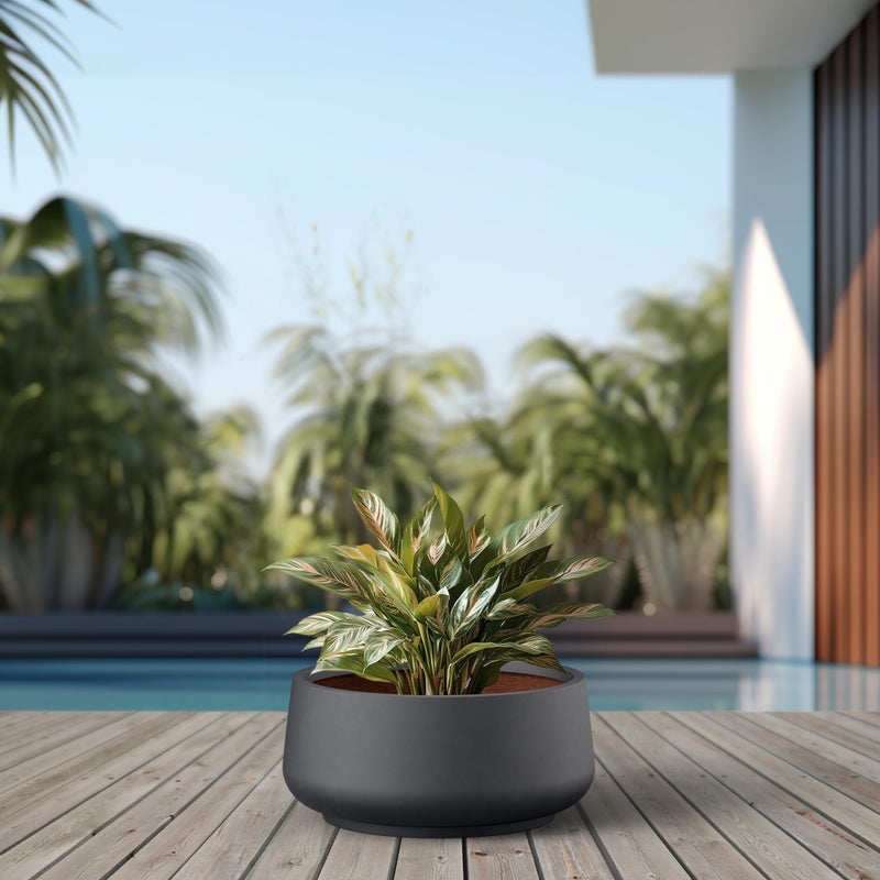 Kante 17.3" Dia Round Curvy Concrete Planter, Large Plant Pots with Drainage Hole for Indoor Outdoor Plants, Flower Pot for Home Garden Patio Porch, Black Finish with Painted Interior - Image 4
