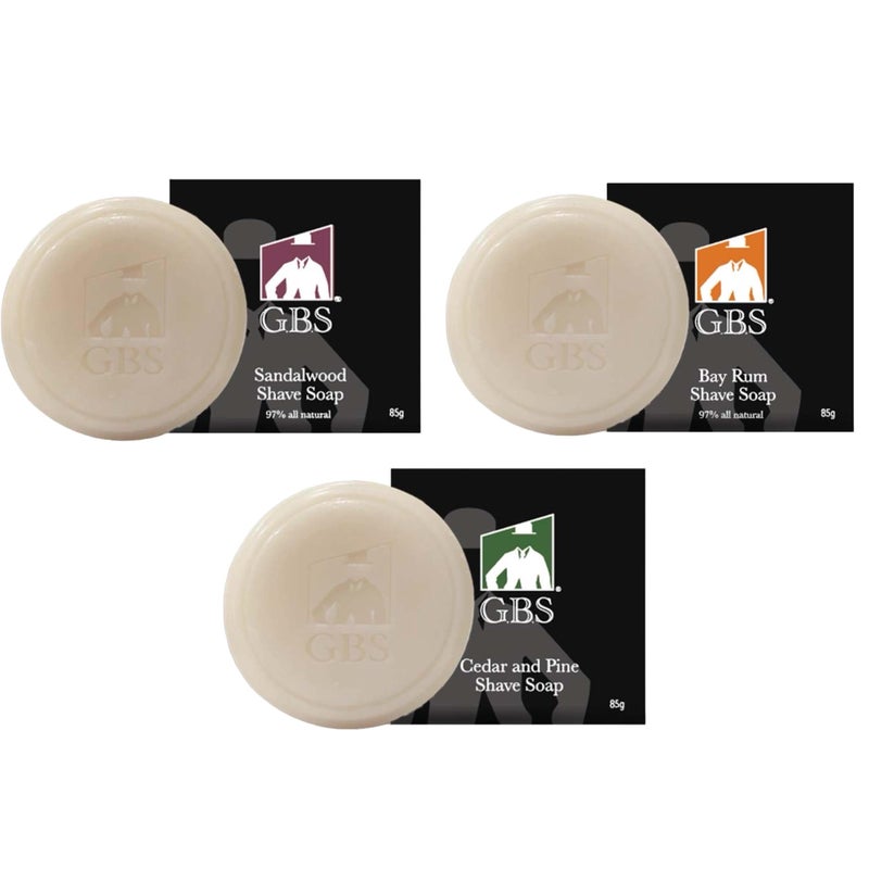G.B.S GENTS 97% All Natural Shave Soap Set for Men, Cedar & Pine, Sandalwood, Bay Rum, Pack of 3 - Image 1