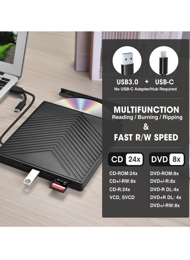 Ultra Slim External CD DVD Drive with USB 3.0, 4 USB Ports, and 2 TF/SD Card Slots - Optical Disk Drive for Laptop, Mac, PC, Windows 11/10/8/7, and Linux OS. - Image 3