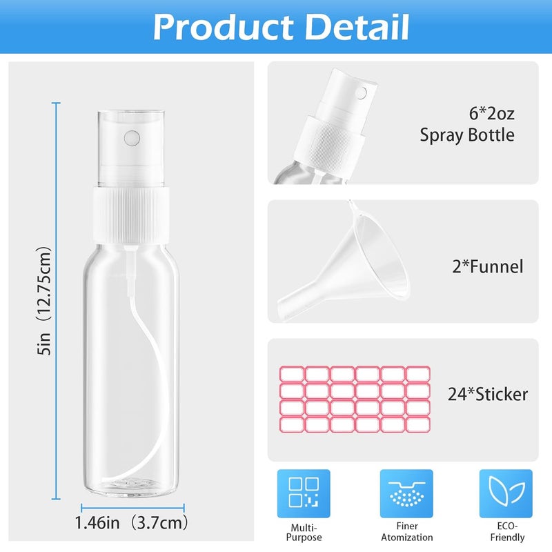 ZZCP Spray Bottles, 2.7oz/80ml Clear Empty Fine Mist Plastic Mini Travel Bottle Set, Small Refillable Liquid Containers with 2pcs Funnels and 24pcs Labels (6 Pack) - Image 3