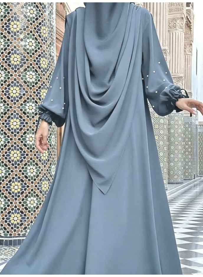 سلسلة اللؤلؤ: الشرق الأوسط اللون الصلب للنساء رداء اللؤلؤ الأكمام فستان Abaya قطعتين مجموعة الحجاب الطويل مناسبة جدا للنساء يوميا ارتداء الصيام شهر الصلاة - Image 1